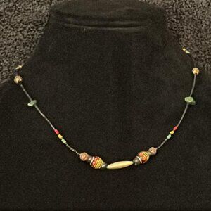 Black, Chip and Painted Bead Necklace